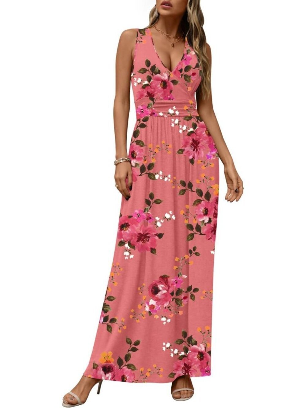 Women's Peach Pink Sleeveless Summer Casual Formal Long Pockets Maxi Dress